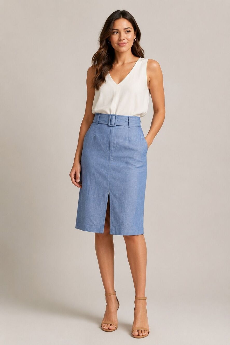 Ann Taylor Blue Linen Blend Belted Midi Pencil Skirt Women’s Size 6